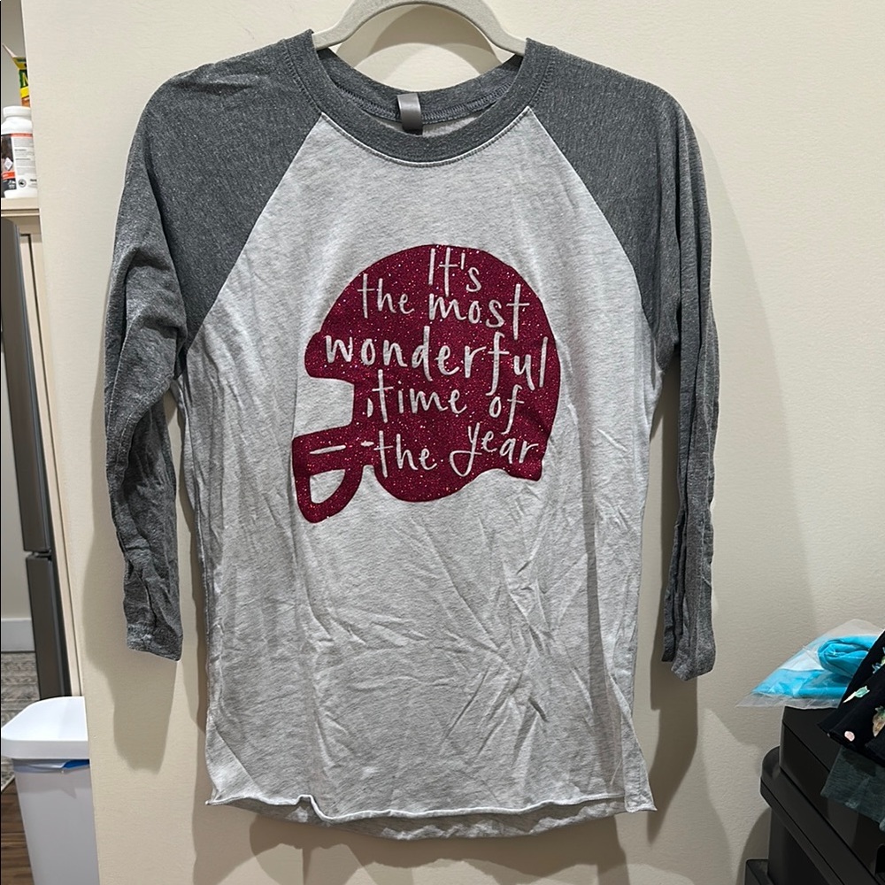 Next Level Gray Raglan Shirt with Pink Glitter Football Design